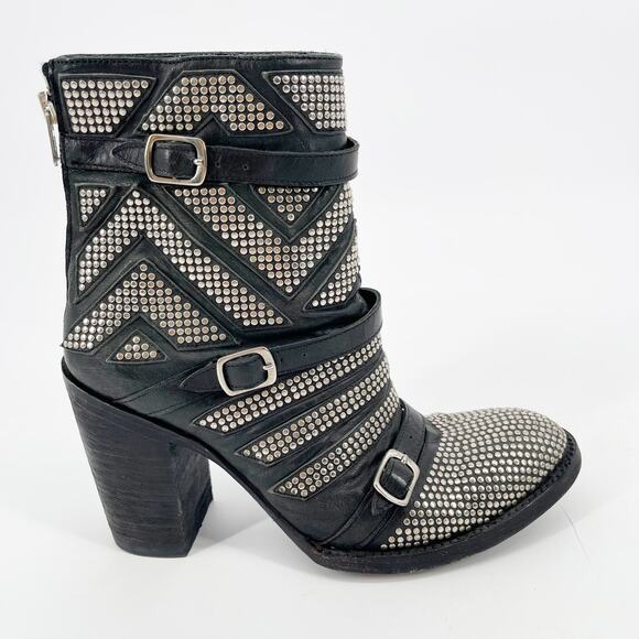 Old Gringo Mexicana Black Leather Celine Studded Western Biker Ankle Bootie sz 7 - Picture 2 of 11